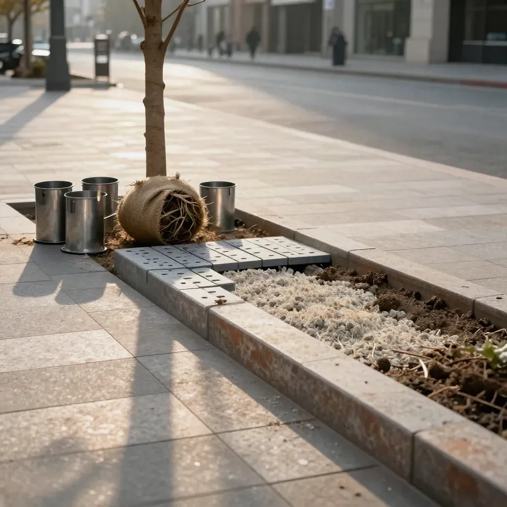Aménagement d’une place urbaine pour la plantation d’un arbre, avec bassin, pavers perméables et motte en jute.