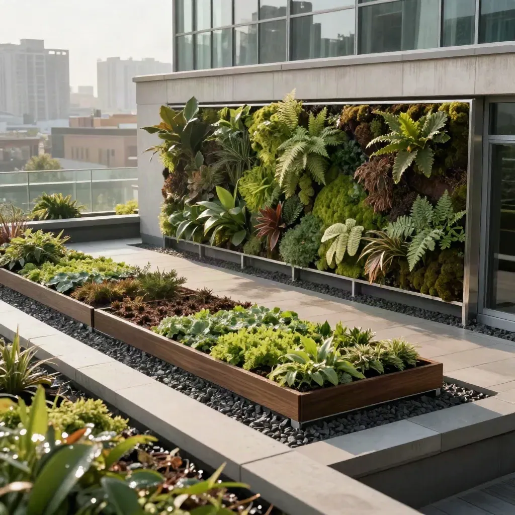 Toiture verte modulaire et mur végétal mature sur terrasse urbaine après irrigation.