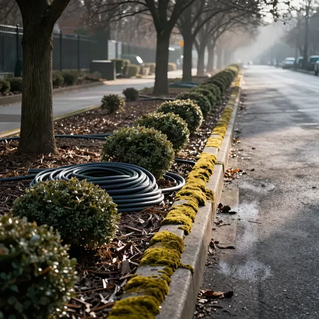 Bord de parc entretenu, paillage frais, arbustes taillés et ligne d’arbres de boulevard régénérée.