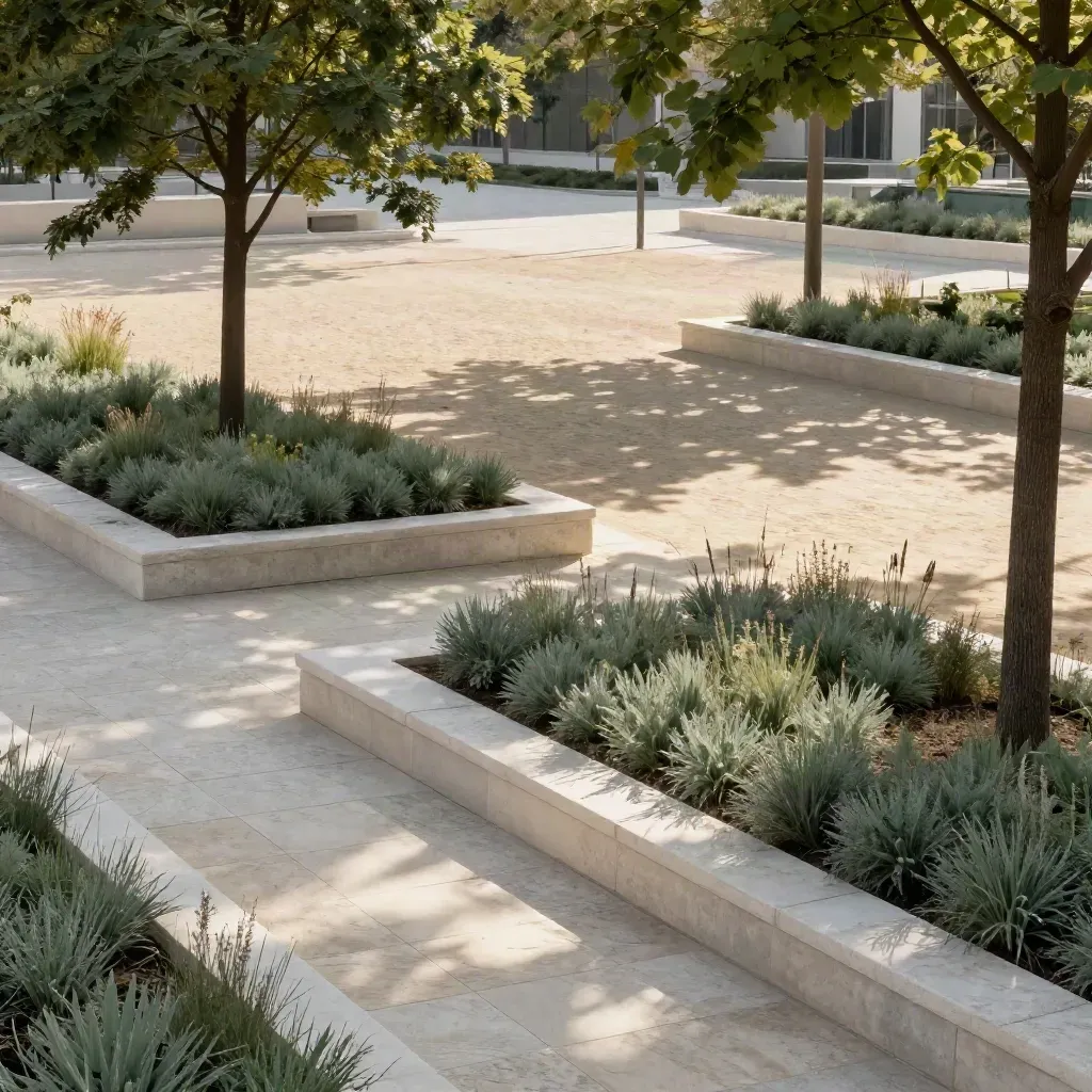 Place urbaine ombragée, jeunes arbres, bassins plantés et dalles claires sous la chaleur.