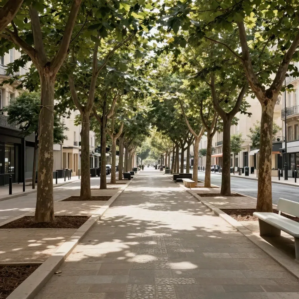Boulevard lyonnais ombragé avec jeunes arbres, noues plantées et sol perméable.
