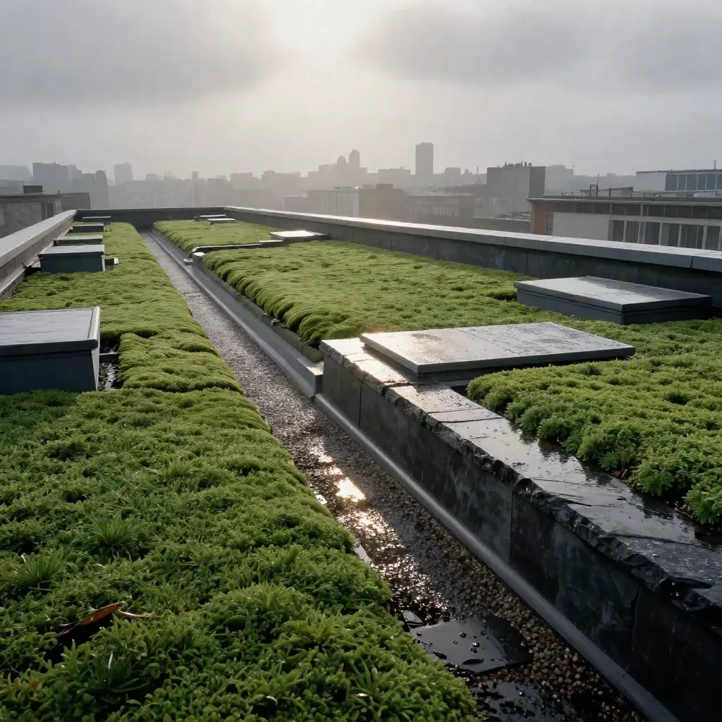 Toiture végétalisée après pluie, sedums, graviers et verrières sur fond de Lille.