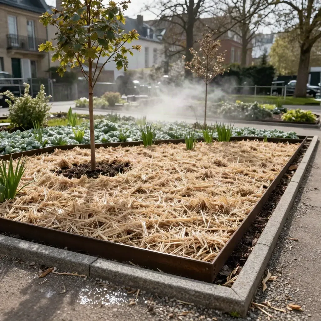 Parc de quartier à Rennes, jeunes plants repris, paillage sable net et bordures réparées.