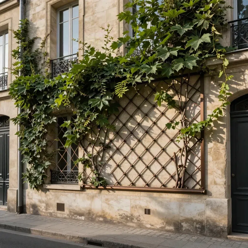 Façade bordelaise avec mur vivant en treillis, feuillage dense et pierre claire.