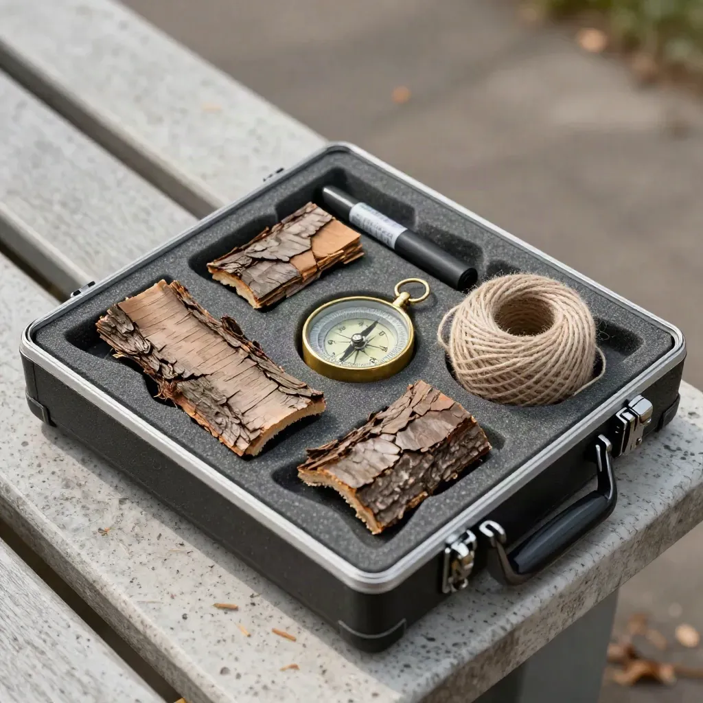 Kit de terrain d’urbaniste arboré avec échantillons d’écorce, boussole et ficelle sur travertin.
