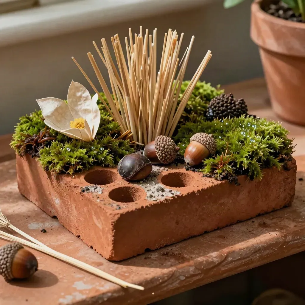 Brique à insectes, roseaux, graines, mousse et gland sur une étagère en terre cuite.