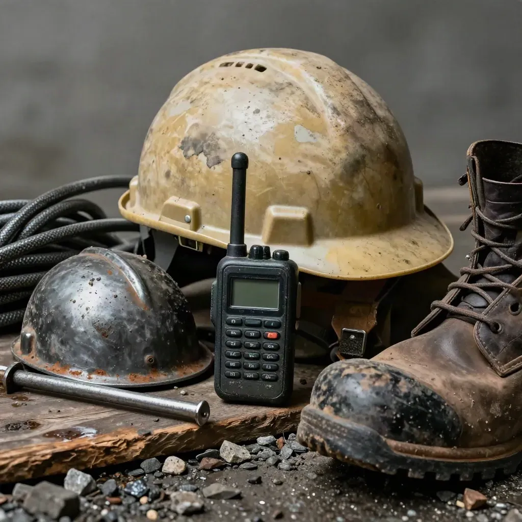 Casque, radio et accessoires de chantier couverts de boue sur sol humide.