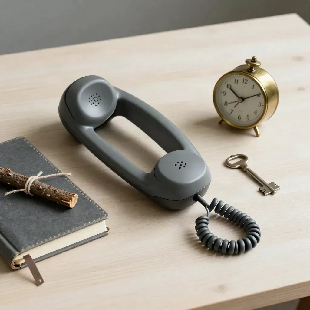 Combiné téléphonique, carnet ardoise, brindille, clé de site et petite horloge sur bois clair.