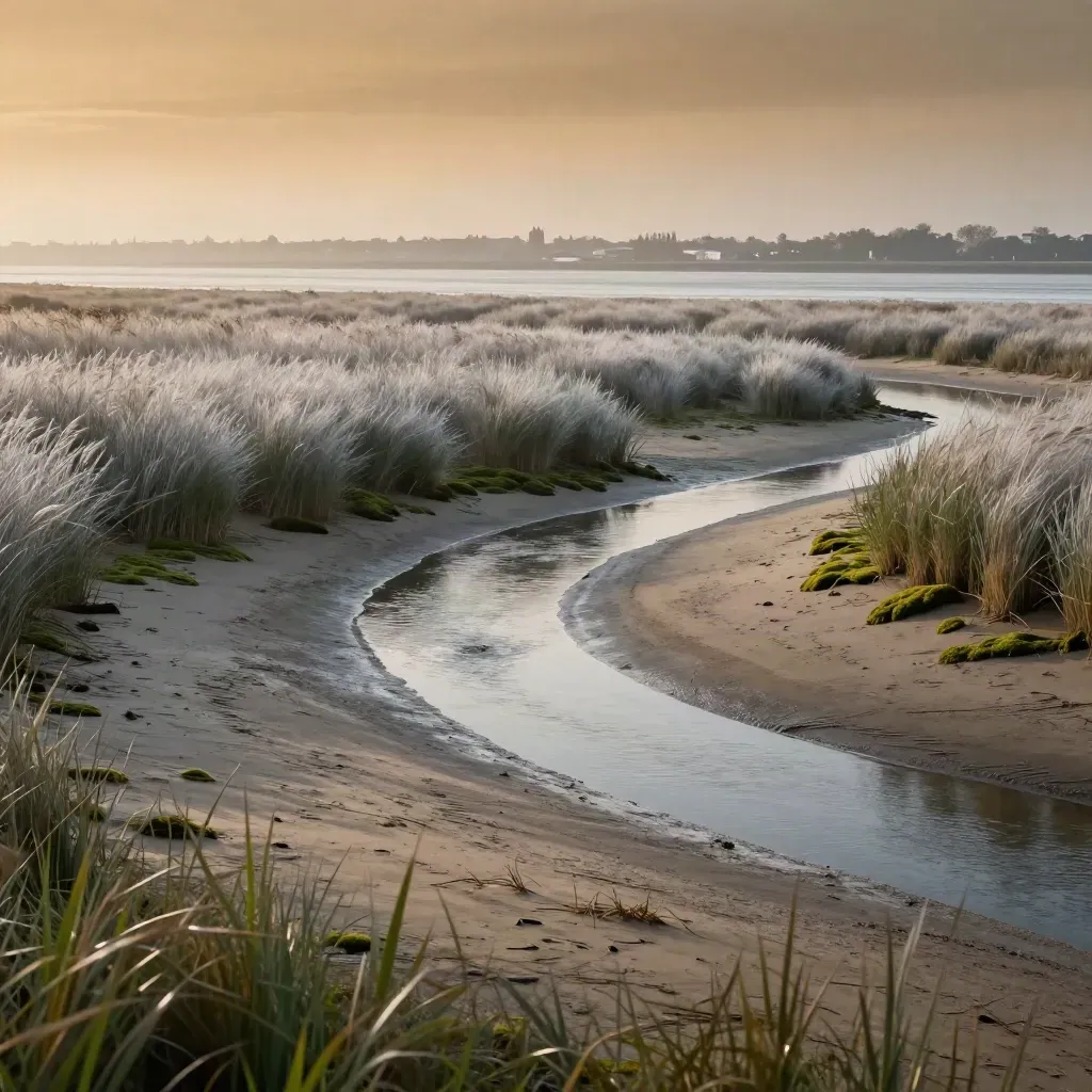 Estuaire de la Loire, roseaux et bancs de sable, horizon de Nantes sous une brume saline.