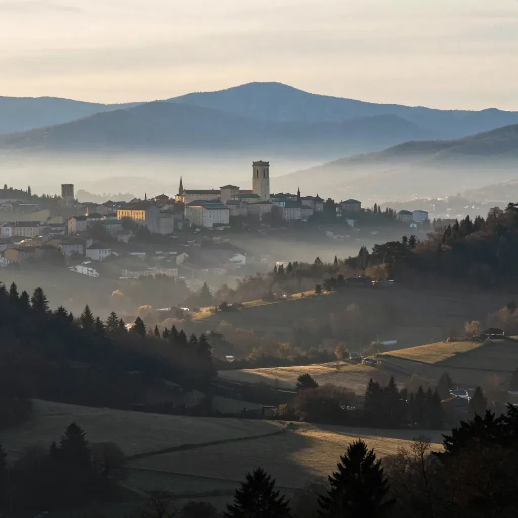 Vue alpine et urbaine de Lyon sous une brume dorée, avec les reliefs d'Auvergne-Rhône-Alpes.