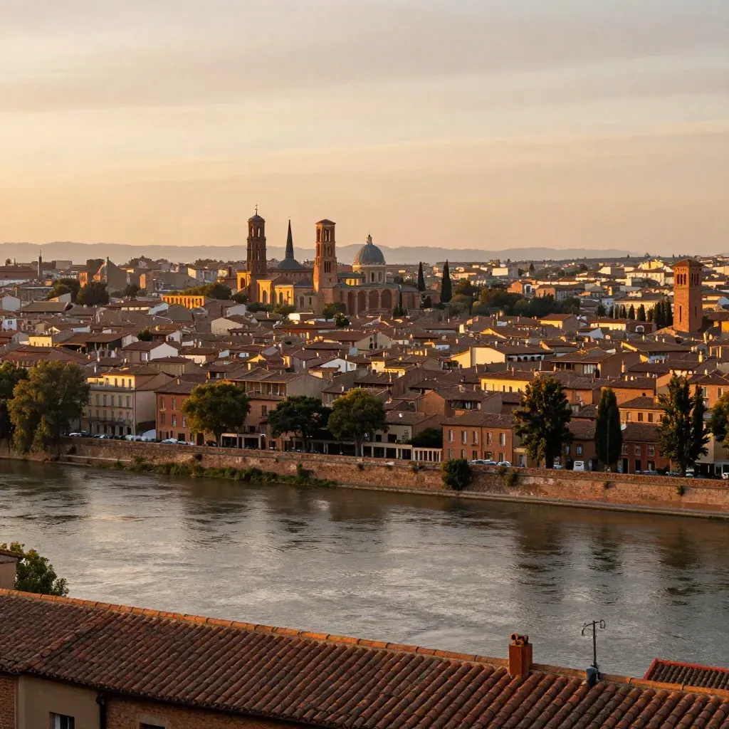 Vue dorée de Toulouse, toits en terre cuite et Garonne dans une brume chaude.