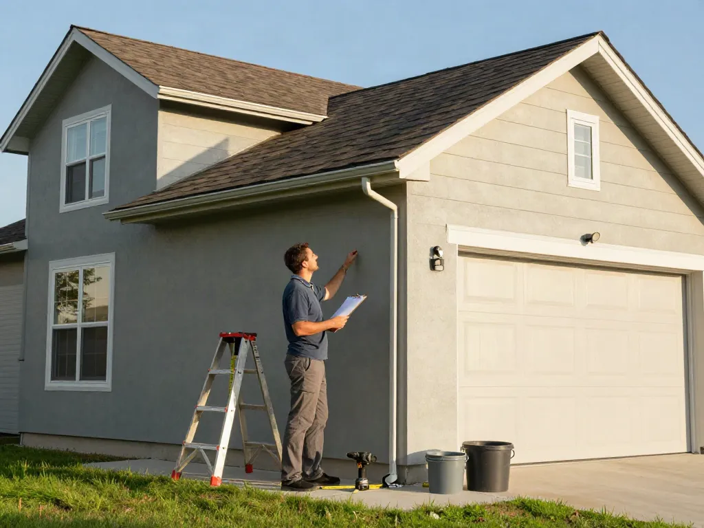 Homeowner inspecting newly installed Spokane gutters on a sunny day with tools and a clipboard.